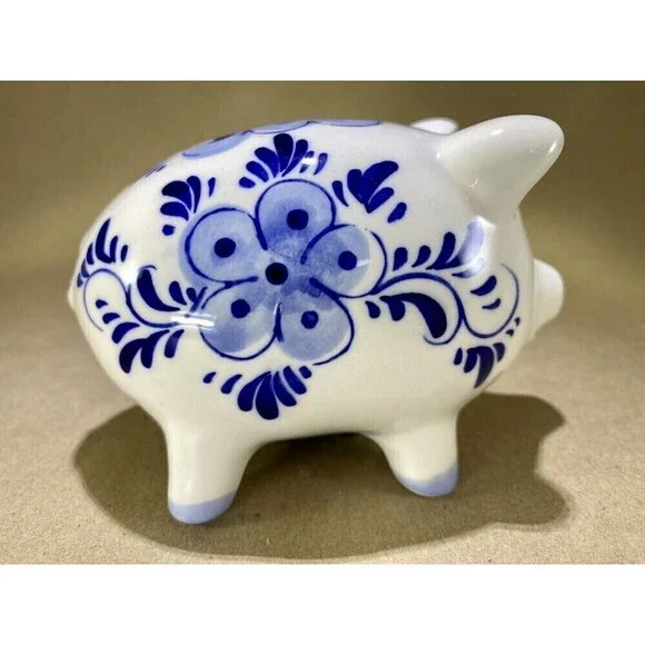 Vtg Hand Painted Delft Blue Small Piggy Coin Bank Holland Collectible w/ Stopper - Picture 8 of 10